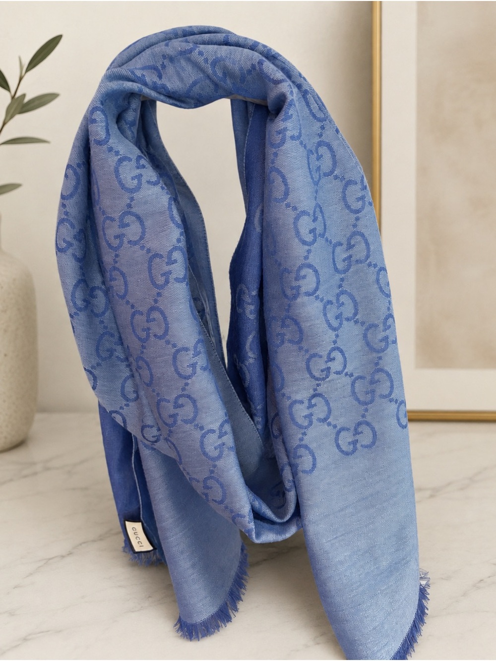 Gucci Light and Deep Blue GG Monogram Silk-Blend Shawl